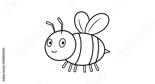 Simple black and white line drawing of a cartoon bee with a smiling face.