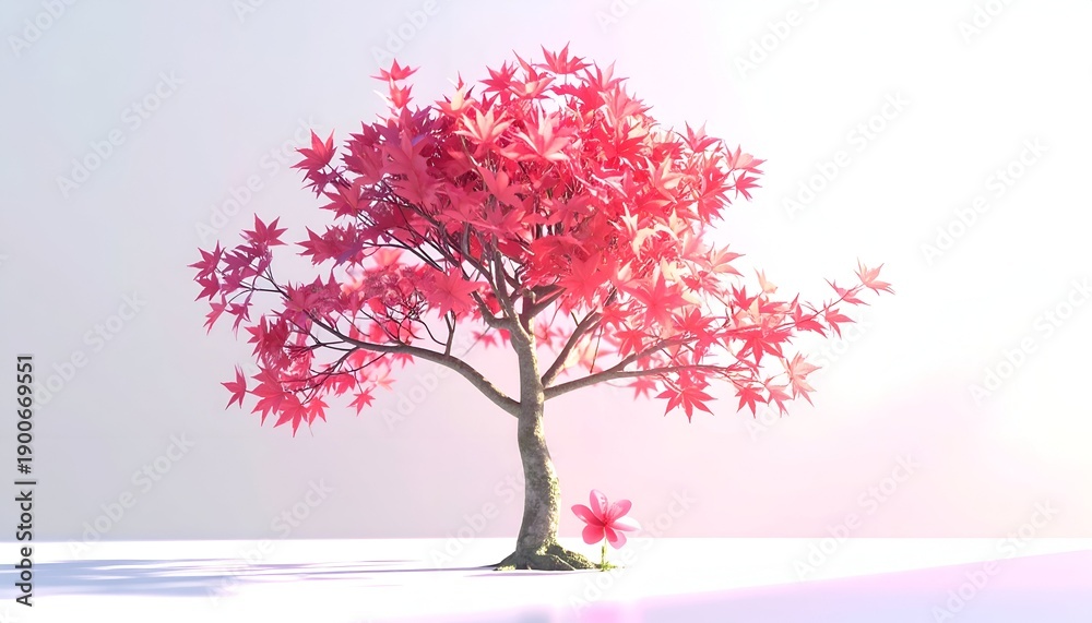 Obraz premium Cartoonish tree with vibrant pink leaves against white background