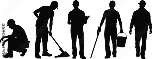 Industrial worker silhouettes construction tasks, cleaning inspection maintenance, hard hat safety gear, labor force teamwork, factory warehouse job roles illustration