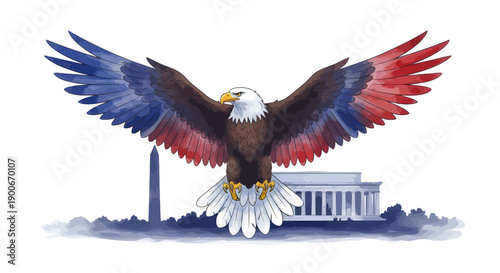 Bald eagle spreads wings before Lincoln Memorial and Washington Monument in century illustration
