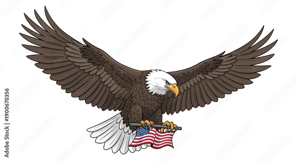 Fototapeta premium American bald eagle spreads wings holding flag