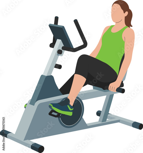 Recumbent exercise bike illustration, fitness equipment, cardio workout, digital display, athletic shoes, gym concept, health exercise, sport vector, cad drawing flat vector illustration