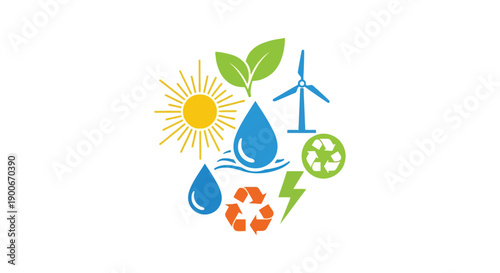 Renewable energy icons sun water wind recycling and electricity