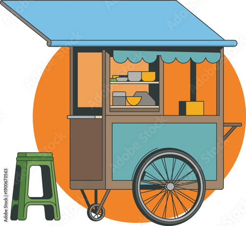 Street food cart illustration, traditional mobile food stall vendor, outdoor snack selling trolley, local market concept, cad drawing flat vector illustration