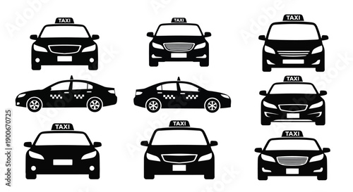 Black silhouette icons of various taxi vehicle designs displayed in a grid