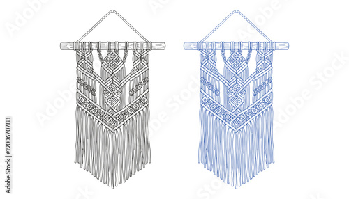 Boho macrame wall hanging vector illustration with intricate knot patterns and tassel fringe decor