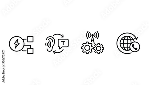 Communication technology icon set including signal transmission telephone and global network vector symbol