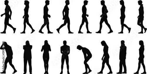 Diverse collection of black silhouette figures of men and women in various walking and standing poses, depicting movement and contemplation