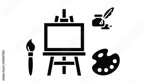 Easel with canvas for drawing and painting still life and writing quill for artist concept