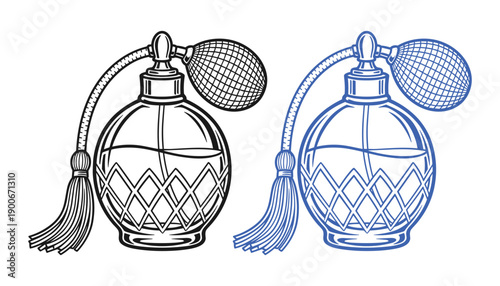 Elegant perfume bottle line art vector illustration with tassel atomizer and diamond pattern design