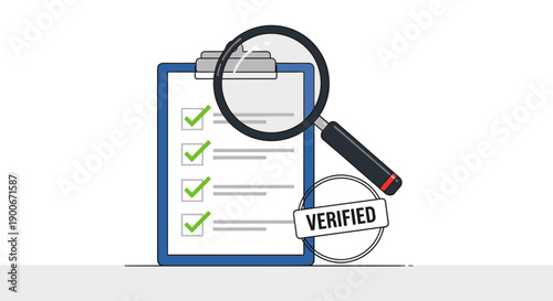 Checklist with verified stamp and magnifying glass on clipboard