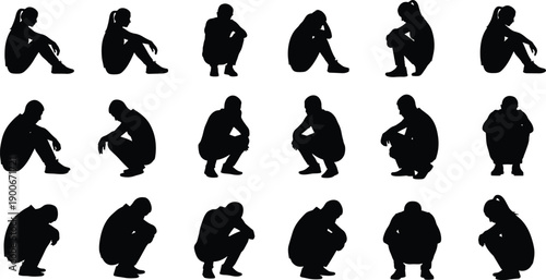 People squatting silhouette collection showing male and female sitting poses human body posture isolated on white background vector set