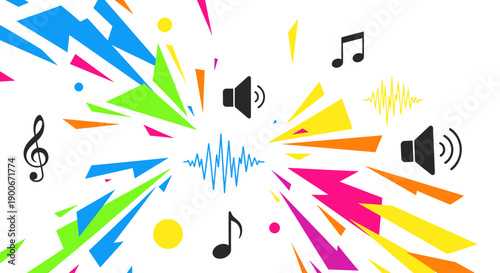 Colorful abstract music background with sound waves and notes
