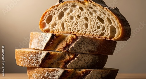Stack of artisan bread slices displays airy crumb structure in close up