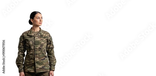 Soldier stands confidently in military uniform against plain background
