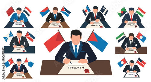 Diplomats signing international treaties with national flags