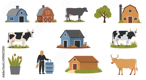 Farm animals and buildings flat vector icon set