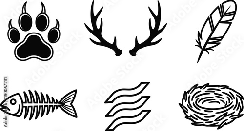 Wildlife nature symbol icon set featuring animal paw antlers feather fish bones nest tracks isolated on white background vector illustration