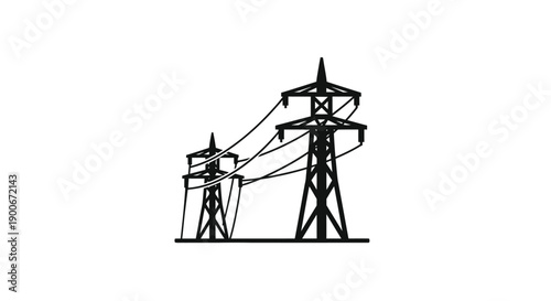 Black and white illustration of electrical transmission towers against a white background