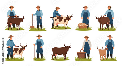 Farmers and cattle performing various agricultural tasks on a farm