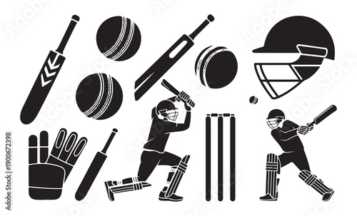 Collection of cricket equipment and players in action graphic elements vector design