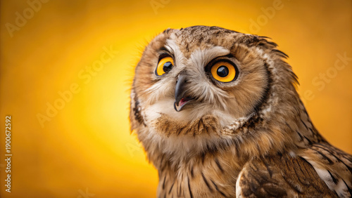 Studio portrait of surprised owl on yellow background concept. Close-up photo of a curious owl with striking yellow eyes.