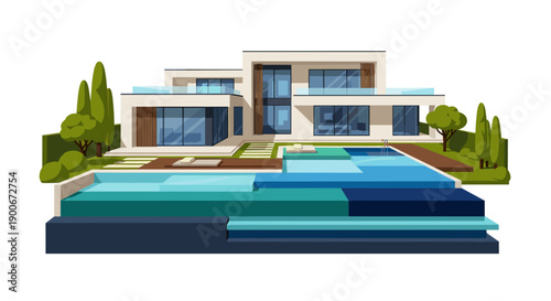 Modern luxury house with swimming pool and landscaped garden