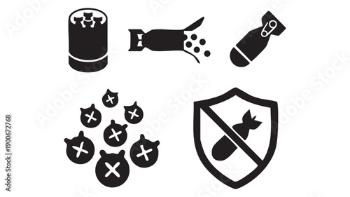 Set of various black and white silhouette icons representing different types of bombs and an anti-bomb shield symbol