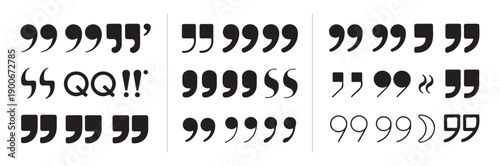 Variety of curly and straight black quotation marks and other text symbols design elements