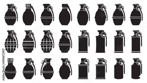 Military explosive hardware and diverse grenade silhouette icons