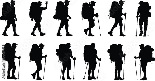 Hiker backpacker silhouette collection showing trekking walking poses outdoor adventure travel isolated on white background vector illustration set