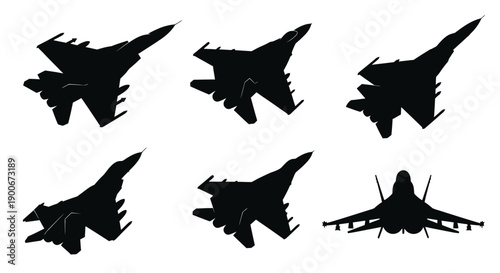 Six silhouettes of fighter jets in various flight positions