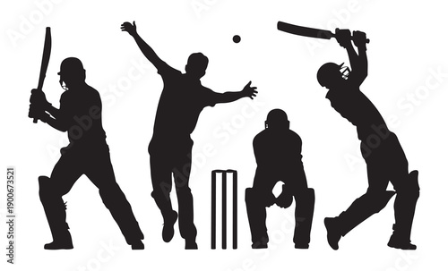 Cricket player silhouettes batsman bowler wicket keeper with ball vector illustration isolated on white
