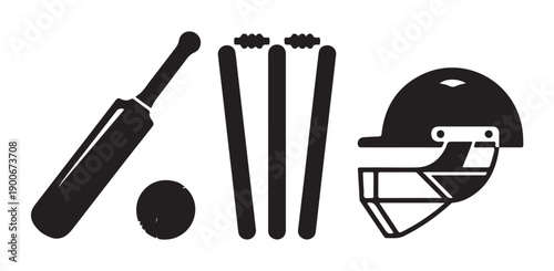 Cricket equipment icons, including bat, ball, wickets, and helmet, representing game elements