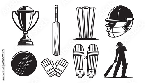 Collection of cricket sports equipment and elements including trophy, bat, ball, pads and player