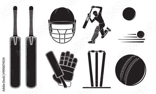 Cricket equipment icons featuring large helmet bat gloves stumps and moving ball graphic silhouettes