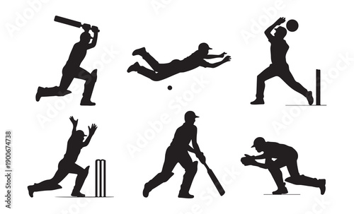 Cricket player silhouettes in various action poses batsman bowler fielder isolated
