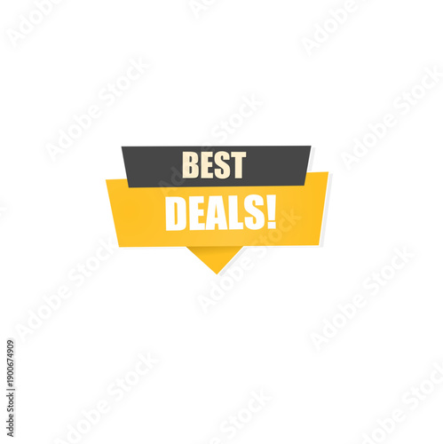 Professional "Best Deals!" marketing banner in a modern yellow and dark grey ribbon style. Minimalist vector graphic for retail promotions, e-commerce sales, product discounts, and event advertising