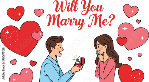 Man Proposing Marriage with Ring to Excited Woman Surrounded by Hearts