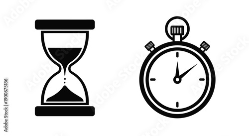 Black and white illustration of an hourglass and a stopwatch