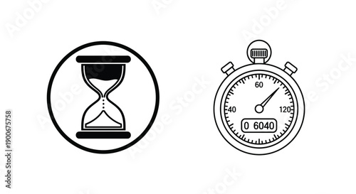 Time concepts an hourglass and a stopwatch in black and white