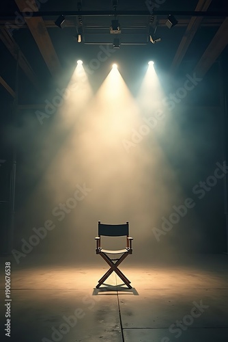 Empty Directors Chair Under Dramatic Stage Lights.