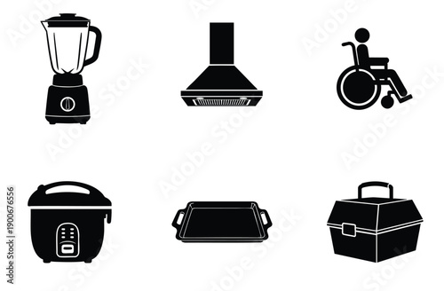 Bread box kitchen container vector illustration, medicine bottle with cross vector, and frying pan kitchen utensil black and white vector illustration set