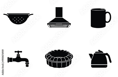 Common kitchen items and utilities vector graphic icons set isolated on white background for graphic design elements