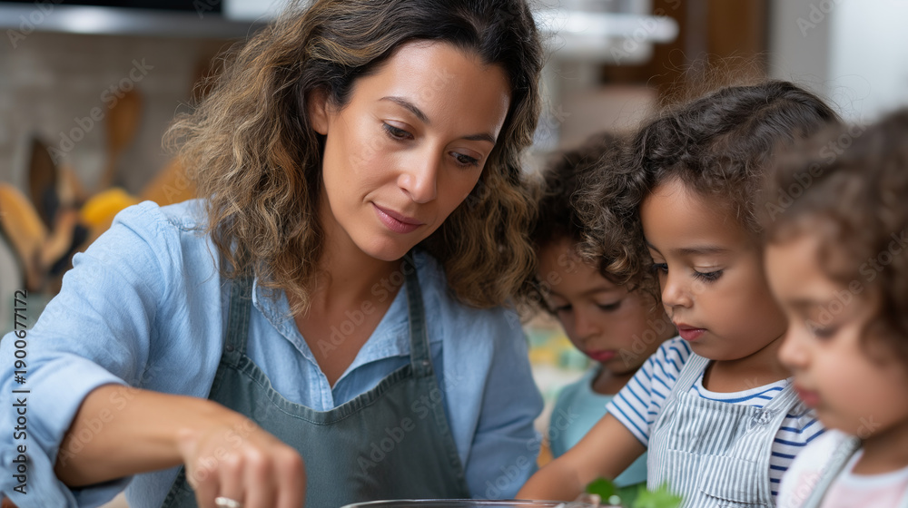 Obraz premium Single mother taking care of children at home, maternal multitasking scene, family caregiving responsibility, domestic parenting management, household nurturing, with copy space