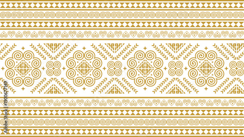 Seamless, traditional Hmong tribal pattern in gold, featuring geometric designs and cultural ornaments. Ideal for fashion fabrics, gift wrapping paper, stationery, and decorative surfaces.