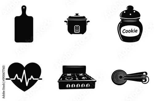 Assortment of kitchen utensils and appliances including cutting board rice cooker cookie jar heart rhythm monitor stove and measuring spoons for cooking and healthy living
