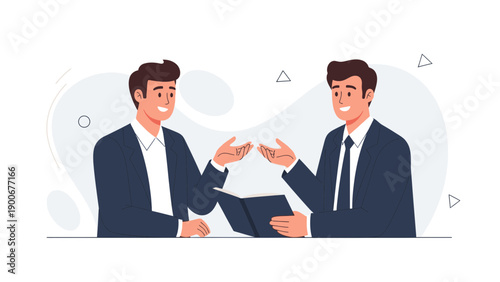 Two businessmen discussing project, sitting at table with open notebook