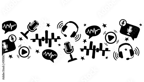 A collection of black podcasting and audio recording icons on a white background
