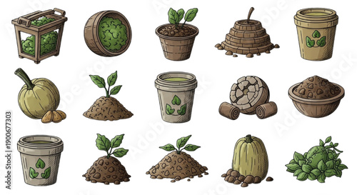 Illustrative set showcasing organic growth, sustainable gardening practices, and natural planting elements concept